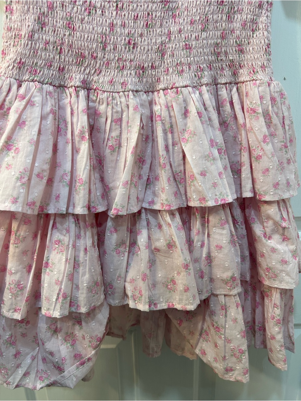 Altar’d State Pink Micro Roses Puff Sleeve Mini Dress Sz L Smocked Cottagecore - Picture 4 of 8